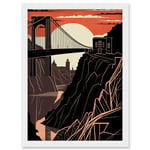 Clifton Suspension Bridge Sunset Contrast Linocut Artwork Framed Wall Art Print A4