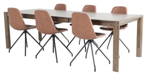 Venture Design Slider Spisebord m. uttrekk, Røkt Eik med 6 Polar-stoler spin, Brun PU