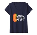 Womens I Wonder If Hotdogs Think About Me Too Funny Hot Dog lovers V-Neck T-Shirt