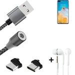 Magnetic charging cable + earphones for Huawei P40 4G + USB type C a. Micro-USB