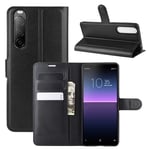 ROVLAK Case for Sony Xperia 10 II Wallet Flip Cover with Card Slot Shockproof Lichee Pattern PU Leather Case+Inner TPU Silicone Case with Kickstand Cover for Sony Xperia 10 II Smartphone,Black