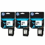 3x HP Original 302 Black Ink Cartridges For OfficeJet 3833 Printer, F6U66AE