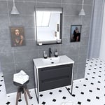 AURLANE Pack Meuble de Salle de Bain 80x50 cm Blanc - 2 tiroirs - Vasque resine Blanche - Miroir LED