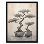 Artery8 Japan Bonsai Trees Oil Painting Pallet Knife Neutral Grey Tone Textured Artwork Artwork Framed Wall Art Print 18X24 Inch