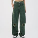 Kvinnors byxor höst dam gröna jeans förstörda rivna hål sexig hög midja Green M