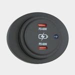 Sutars USB-uttag Sutars, utanpåliggande, svart, oval, 12 / V 24 V, 60 W, 2.1 A, USB-C + USB-C, med lock