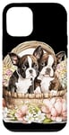 iPhone 15 Pro Boston Terrier Puppies in Floral Wicker Basket Case