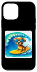 Coque pour iPhone 12 mini Surf Dog In Yellow Surfboard On Turquoise Sea Lunettes de soleil