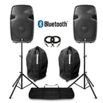 15" Bluetooth MP3 USB Active Powered Speakers with Stands & Bags DJ Disco 1600W