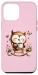 Coque pour iPhone 15 Plus Adorable chouette avec café et fleurs sur fond rose