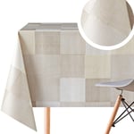 Beige Patchwork Pattern Vinyl Table Cloth Wipe Clean Rectangle 250x140cm | 98x55in Rectangular Tables Up To 8 Seats - Heavy Weight Wipeable Tablecloth Waterproof Plastic PVC Table Cover In Tan Sand