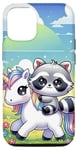Coque pour iPhone 14 Kawaii Raccoon on Unicorn Daydream