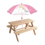 Licorne Table pique-nique en pin H.53 x l.95 x P.75 cm avec parasol H.125 x ø 100 cm - Pour enfant - Fun House