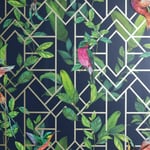 Arthouse Deco Tropical Blue 908003 Wallpaper Metallic Geo Shapes Birds Foliage