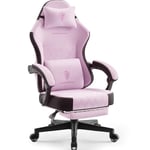 Dowinx Chaise de Gaming en Tissu avec Coussin de Printemps, Soutien Lombaire et Repose-Pieds pour Adultes, Fauteuil de Jeu Ergonomique, Grand et Haut, pour Jeux de Bureau, 135 kg, Rose