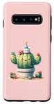 Coque pour Galaxy S10 Cactus rose souriant mignon avec fleurs et chapeau de fête