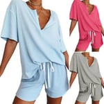 Womens V-neck Short Sleeve Baggy T-shirt Shorts Set Casual Rose Red M