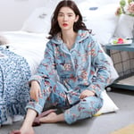 clothingloves 2 Pcs/set Women Warm Soft Flannel Pajamas Set Sleepwear Blue S