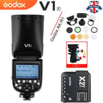 UK Godox V1F 2.4G TTL 1/8000s HSS Round Head Speedlite+AK-R1+X2T-F for Fuji Kit