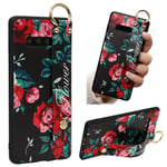Zhuofan Samsung Galaxy A20e Wrist Strap Stand Grip Holder Case, Samsung Galaxy A20e Phone Case with Kickstand/Lanyard Ring,Slim Shockproof Silicone TPU Cover Bumper with Floral Pattern,Red rose