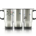 Personalised Travel Mug, 400ml Silver Stainless Steel Travel Mug with Handle, Customised with Initial / Name, Snow Leopard Blue Butterflies Design Print