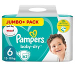 Pampers Baby-Dry Nappies, Size 6 (13-18kg) Jumbo+ Pack (62 per pack)