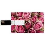 4G USB Flash Drives Credit Card Shape Rose Memory Stick Bank Card Style Blooming Fresh Pink Roses Festive Bridal Bouquet Romance Sweetheart Valentine Decorative,Pink Pale Green Waterproof Pen Thumb L