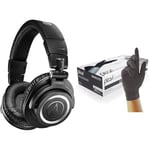Audio-Technica M50xBT2 Wireless Headphone Black & Unigloves Black Pearl Nitrile Examination Gloves - Multipurpose, Powder Free, Medium (GP0033)