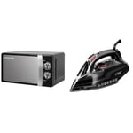 Russell Hobbs RHMM701B 17 Litre 700 W Black Solo Manual Microwave with 5 Power Levels, Ringer & Timer, Defrost Setting, Easy Clean & Powersteam Ultra 3100 W Vertical Steam Iron 20630 - Black & Grey