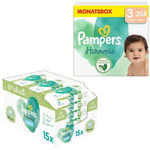 Pampers Blöjset Harmonie storlek 3 Newborn , 6-10 kg (204 blöjor) och våtservetter Aqua 720 våtservetter (15 x 48 st)