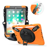 QYiD Case for iPad 9.7 2018 2017/iPad Air 2/iPad Pro 9.7 with Screen Protector, Heavy Duty Protective for kids with Pencil Holder 360 Rotating Kickstand/Soulder Strap for iPad 9.7 6th/5th (Orange)