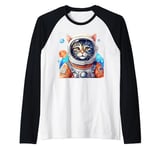 Funny Space Cat Astronaut Looking At Planet Galaxy & Stars Raglan Baseball Tee