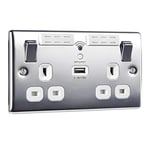 BG Electrical Double Switched Wi-Fi Extender Socket with USB Charger, Polished Chrome with White Inserts