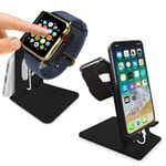 Orzly Duo-Stand Compatible with Apple Watch All Series: (SE, 6,5,4,3,2,1) (38mm & 42mm & 40mm & 44mm) – Aluminium Desk Stand for iPhone & Apple Watch [black]