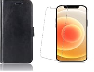 Case and Screen Protector For iPhone 12 Mini (5.4inch), iPhone 12 Mini case, iPhone 12 Mini screen protector, (BLACK) PU Leather Wallet Flip Case And Clear Anti Scratch Tempered Glass Protector