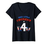 Womens This Little FIRECRACKER Is 4 Fireworks 4th July Birthday Boy V-Neck T-Shirt