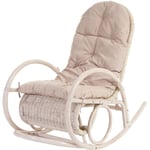 HHG - Fauteuil à bascule Esmeraldas, rocking-chair, fauteuil en rotin, blanc rembourrage crème - beige