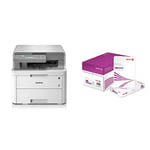 Brother HL-L3230CDW Colour Laser Printer - Single Function, Wireless/USB 2.0, 2 Sided Printing, 18PPM, Light Grey/Dark Grey & Xerox A4 80gsm Performer Paper Ream - White