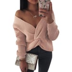 Ladies Sexy Off-the-shoulder Knotted Sweater Pink Xl