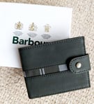 New BARBOUR OLIVE WAX / Leather & Tartan Lining Billfold WALLET RFID BAR98