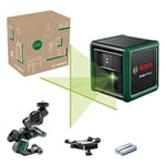 Bosch cross line laser Quigo Green with universal clamp MM 2 (green laser for better visibility, housing made of recycled plastic, in E-Commerce cardboard box)