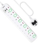 3M Extension Lead with USB Slots, 5 Way Power Extension with 2 USB, BEVA Multi Plug Extension with Individual Switches, Wall Mountable Power Strip for Home Office