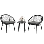 Outsunny 3 Piece Rattan Garden Bistro Set with Cushions, Round PE Rattan Furniture Set w/ 2 Armchairs & Metal Plate Coffee Table Conversation Furniture Sets, Black
