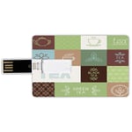 16G USB Flash Drives Credit Card Shape Tea Party Memory Stick Bank Card Style Checkered Tea Themed Images Symbols Geometrical Soft Colored Minimalist Decorative,Green Brown Blue Waterproof Pen Thumb L