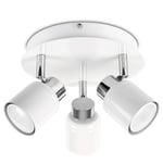 Modern Chrome & White Adjustable 3 Way Round Plate Ceiling Spotlight - IP44 Rated - Complete with 3 x 5W GU10 Cool White LED Bulbs