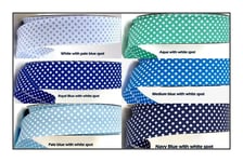 Cotton Spotty Polka Dot Double Fold Bias Binding Tape 30mm 1" Sewing Quilting 36 Colours in Ribbon Queen Wrapper UK Seller 5m White with Pale Blue