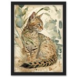 Spotted Fur Coat Bengal Cat in Nature Pastel Watercolour Illustration Artwork Framed Wall Art Print A4