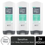 Dove Men+Care 3-in-1 Body, Face & Hair Wash Hydrating Sensitive 400ml, 3 Pack