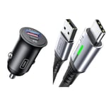 INIU Car Charger, USB C Car Charger Total 60W [USB C 30W+USB A 30W] PD3.0 5A Fast Charge Cigarette & USB C Charger Cable 2m 3.1A Type C Cable Fast Charging, Braided USB A to USB-C Phone Charger