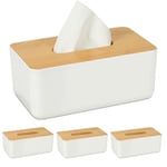 Boîte à mouchoirs, lot de 4, Distributeur lingettes salle de bains, plastique, bambou, hlp 10 x 23 x 13 cm, blanc/nature